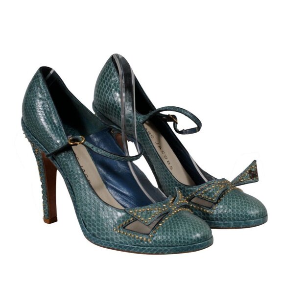 Marc Jacobs Womens Strappy Buckle Pumps US 9 EU 39 Green Python Leather Studded - Picture 1 of 11